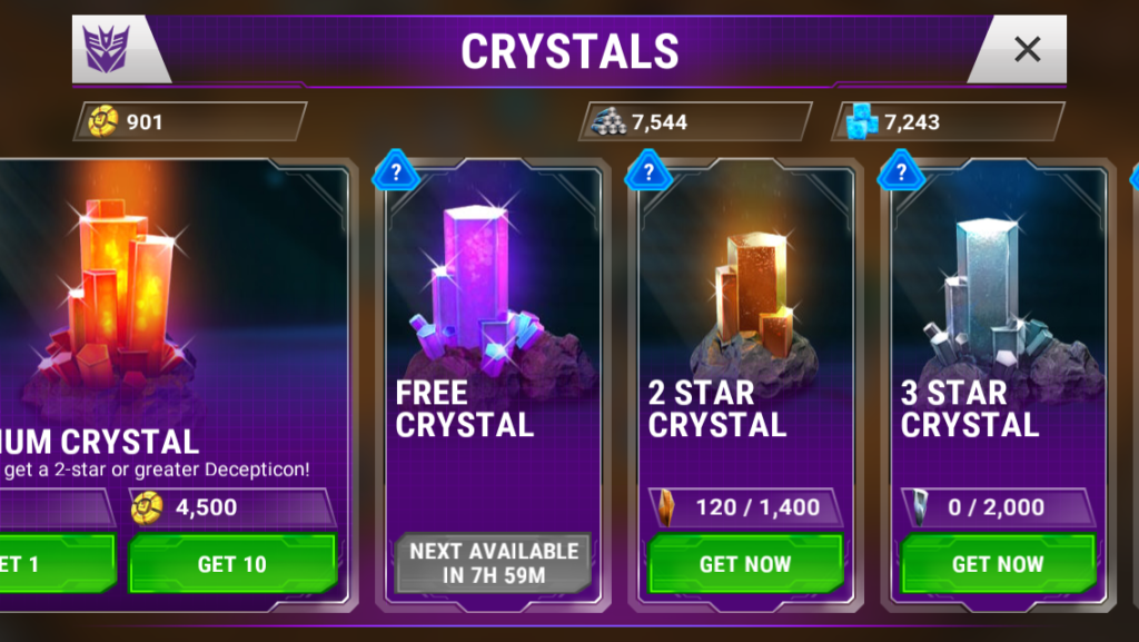 Transformers: Earth Wars lets you claim one gacha-crystal for free every 8 hours