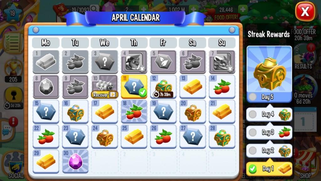 Daily reward in Dragon City Mobile’s login calendar