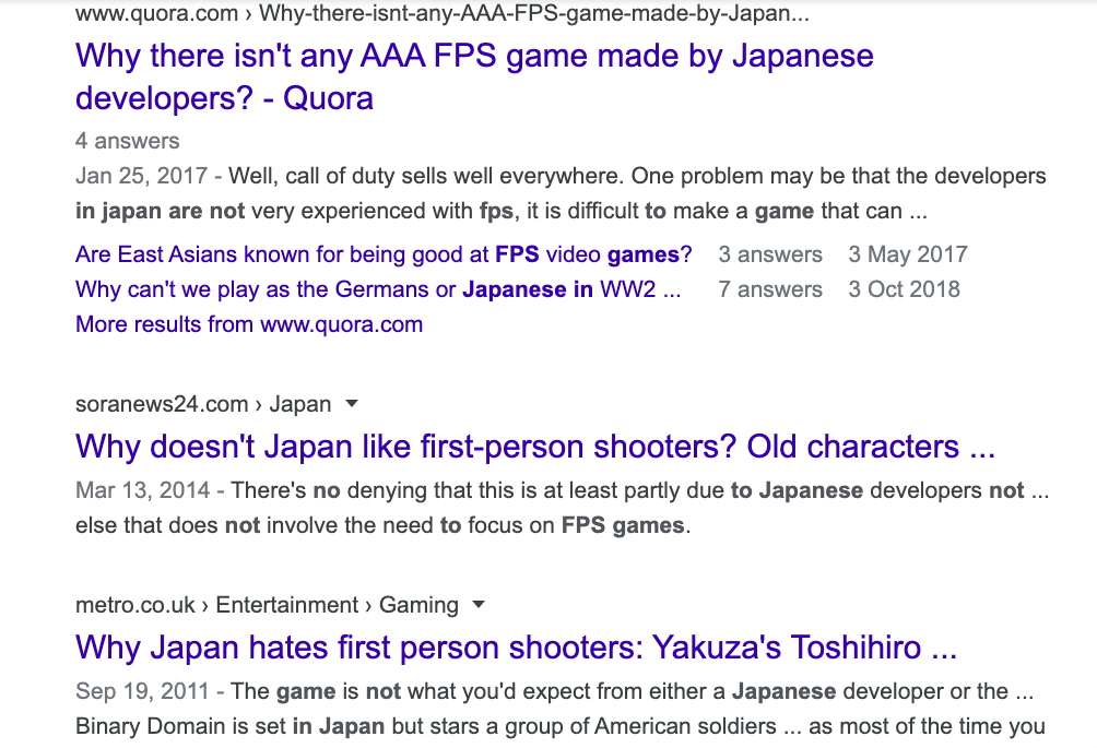 "The Japanese don’t like shooter games" gaming stereotype Google search