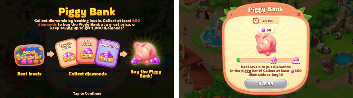 Piggy bank IAP deposit feature mechanics example