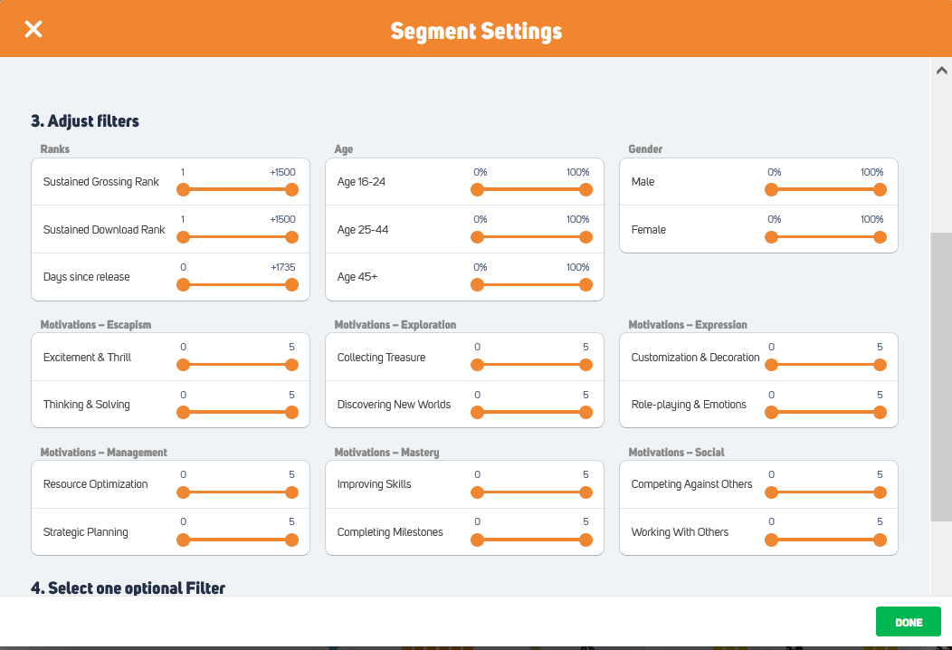 Segment filters in GameRefinery's software