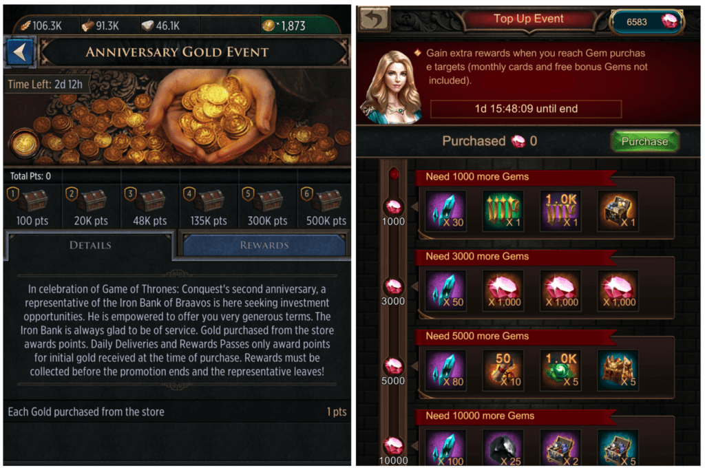 Progressive IAP reward events in Game of Thrones: Conquest and War & Order