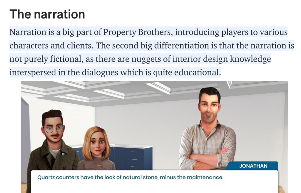 Narration in Property Brothers mobile game