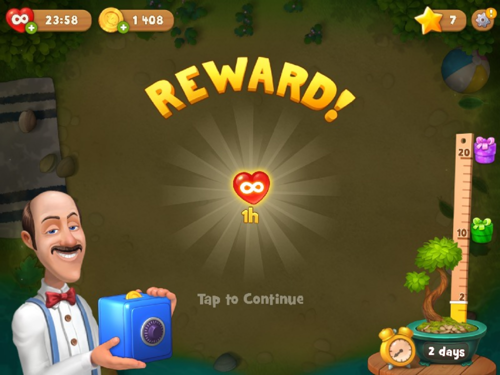 Unlimited life for one hour reward in Gardenscapes