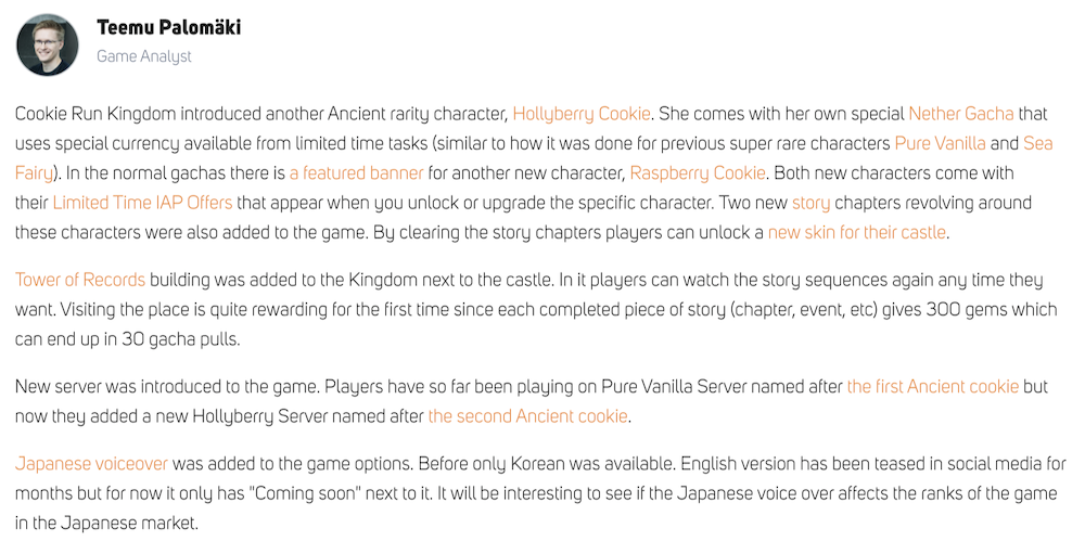 Analyst comment summarizing the contents of Cookie Run: Kingdom's v2.0.101 update on GameRefinery service