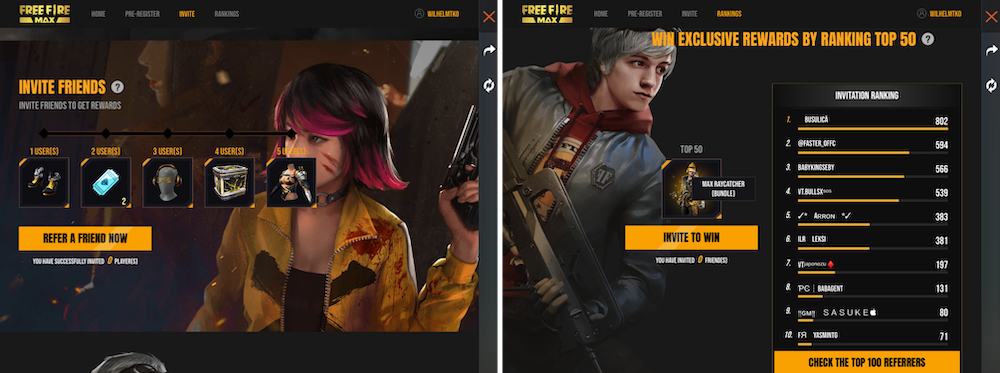 Friend referral rewards and ranking in Garena Free Fire