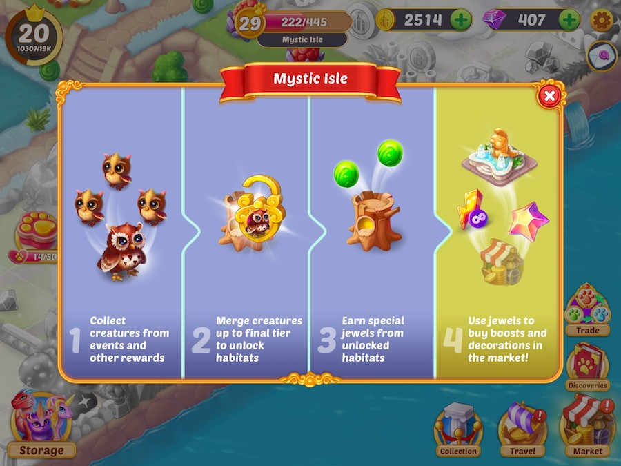 This time, the biggest additions in EverMerge are the new currencies, decorative buildings, and boosts for Mystic Isle. The new system adds more incentive for Mystic Isle gameplay and makes it more meaningful by linking it to progress on the main island and Paradise Cove.
