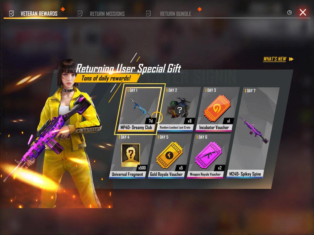 Garena Free Fire's (battle royale) returning player login gift