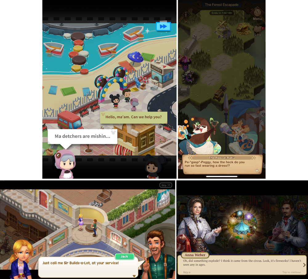 Storytelling in mobile games tends to follow the same pattern — examples from Disney POP Town, AFK Arena, Matchington Mansion, and Hidden City.