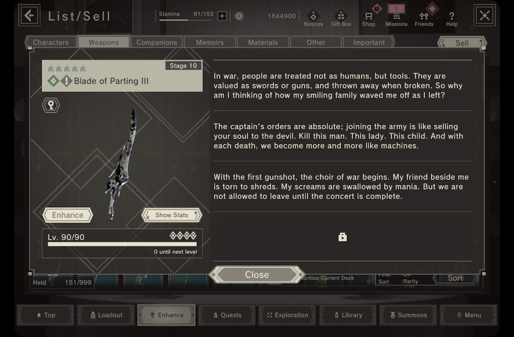 Example of a weapon story that has the last part still locked