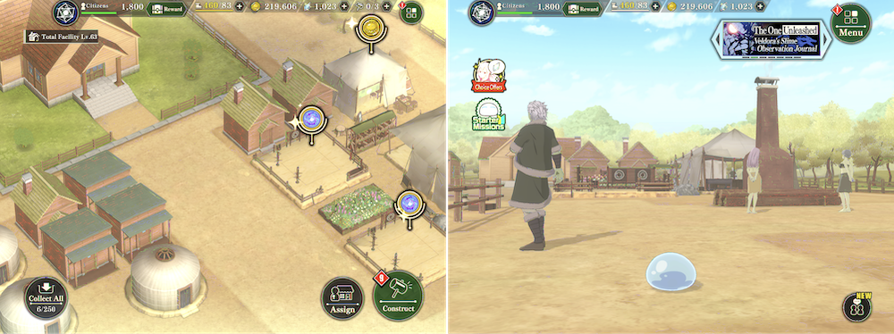 Slime Isekai Memories' village system. The construction view is on the left and the visiting view is on the right. 