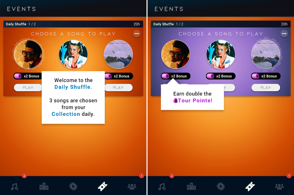 In Beatstar's Daily Shuffle missions, players are assigned two random sets of three songs from their collection each day. From the three songs, they can choose one song to play for double the tour points, giving a good additional daily boost for the pass progress.