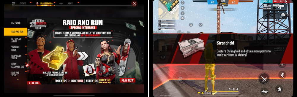 Players collected Heist Gold currency to gain event rewards in the Garena Free Fire x Money Heist's Raid and Run special interface event. In the event PvP mode, players were instructed to capture Stronghold to obtain more points for their team. 