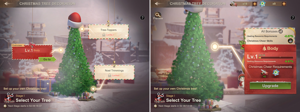 In the State of Survival's Christmas event, players got their own Christmas tree to put into their settlement. The tree could be upgraded in three parts -  the tree itself, the ornaments, and a tree topper, which all granted their respective rewards and buffs/skills when upgraded.