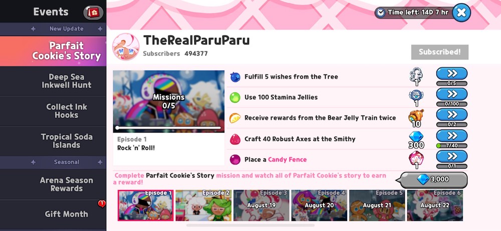 The introduction of Parfait Cookie in v1.9.001 also came with a streaming-service style list of tasks and recommendations to go check out the performance video.
