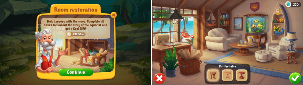 Fishdom's renovation events are limited-time events during which players help characters restore a scene (a beach house, for example) or an aquarium.