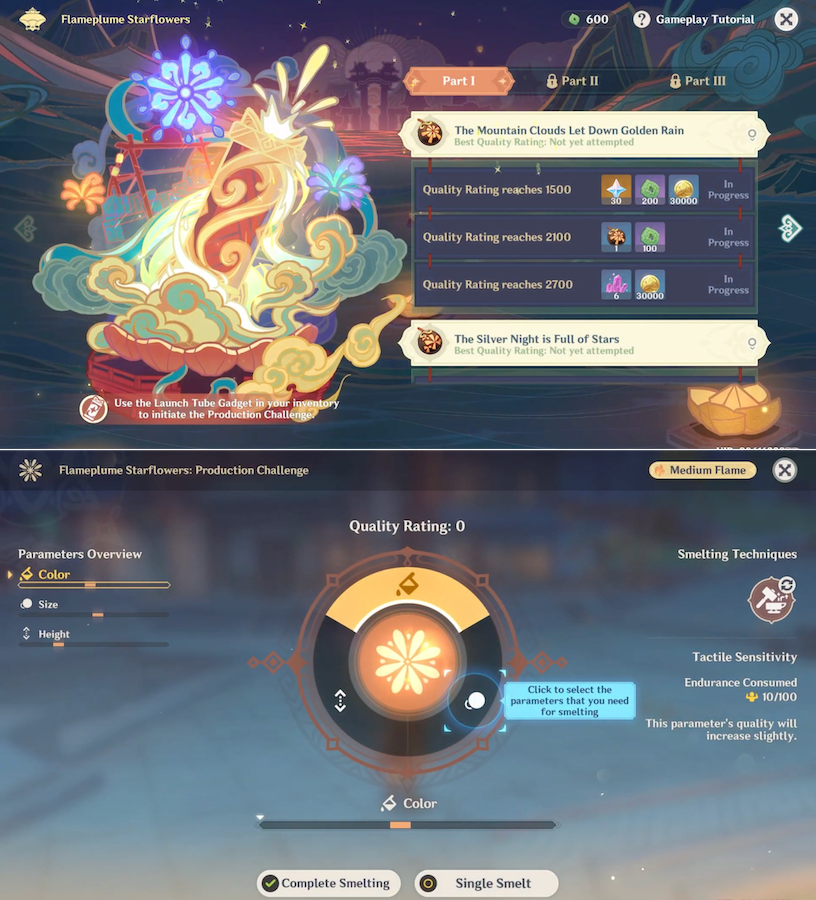 Genshin Impact's Chinese New Year event, Fleeting Colours in Flight, consisted of different challenges, such as a smelting fireworks minigame.