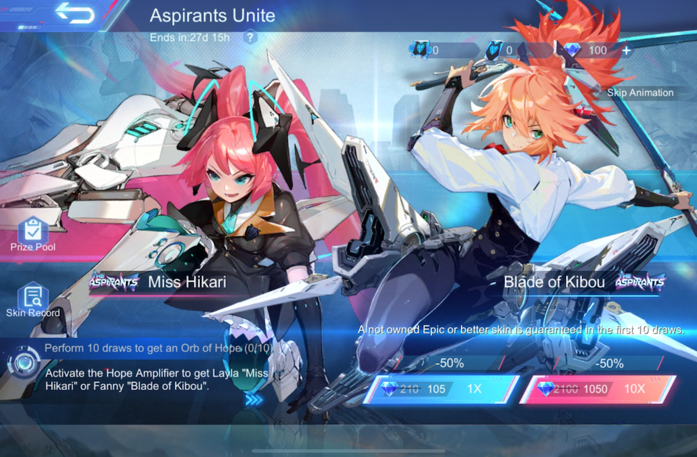 MLBB’s Aspirants Unite limited-time gacha included the new exclusive event hero skins but also loads of other rewards. Players could also complete tasks to gain Passes to draw the gacha instead of using premium currency. Duplicate rewards were automatically converted into Pass Fragments, and 30 fragments were equal to one Pass.