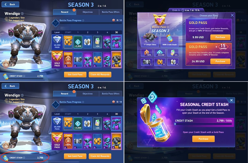 Battle pass and Seasonal Credit Stash in Mech Arena