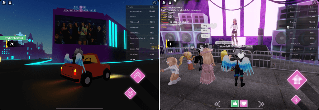 Roblox x BRIT Awards 2022 collaboration event contained an exclusive concert stage with hourly concert experiences featuring the artist PinkPantheress, a screen where players could watch the BRIT Awards together, and London-themed streets to drive around with cars to collect event currency and letters for a scavenger hunt.