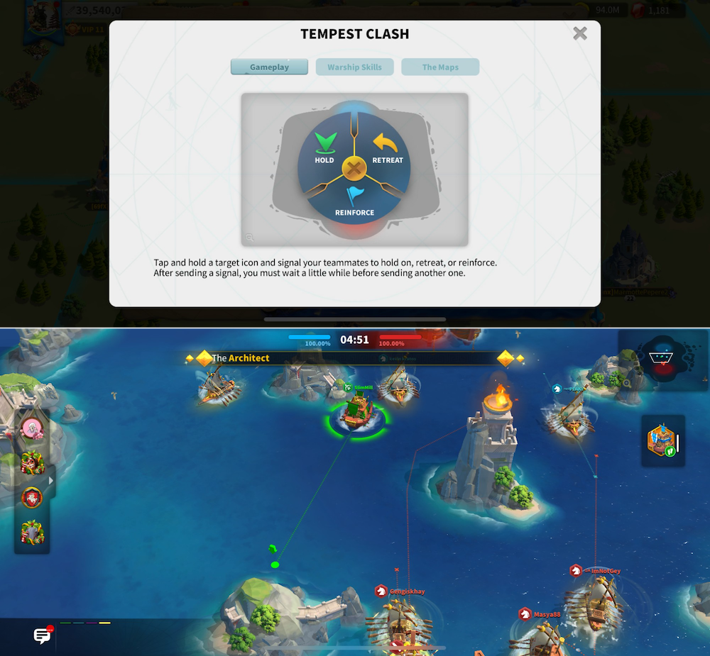 The goal of the Rise of Kingdoms' PvP event matches was to destroy the opposing team's base by controlling the warship on the map, giving orders, and sending signals to the team, similar to one-lane MOBA gameplay.