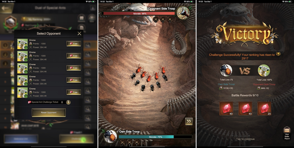 A 4X strategy game, The Ants, introduced a new PvP mode, where a player's three teams fight against an opponent's three teams in an asynchronous auto-battle setting.