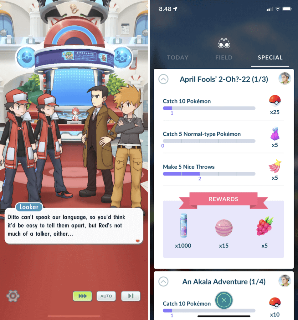 Example screenshots from the events in Pokémon Masters EX and Pokémon Go.