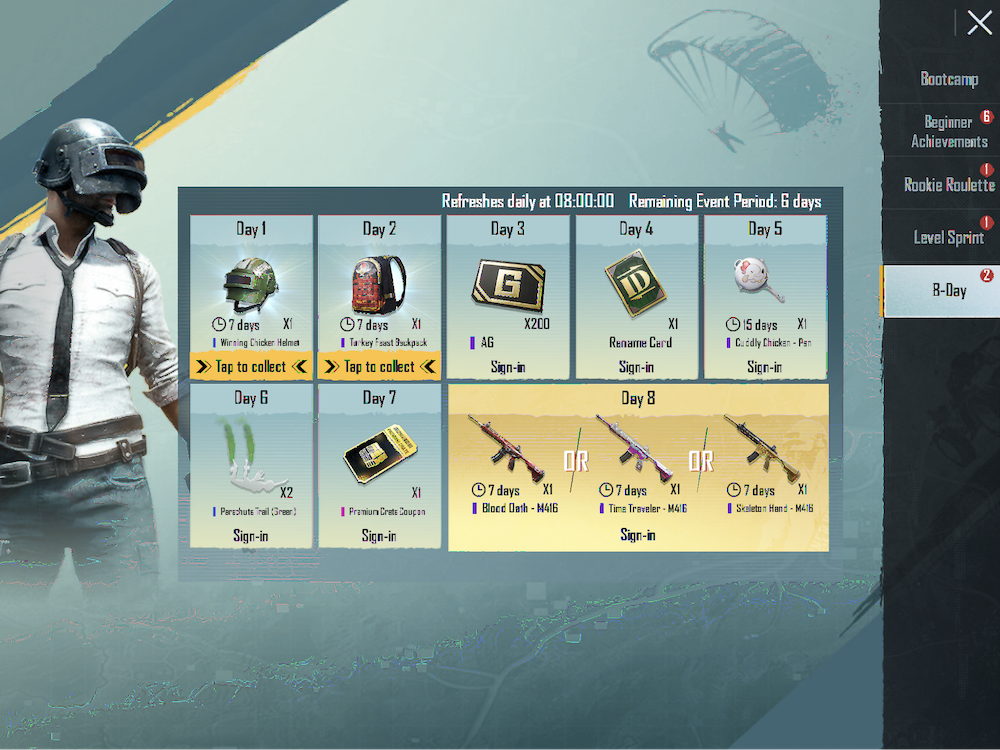 PUBG MOBILE 8-day login calendar: the last-day gift is a weapon of choice