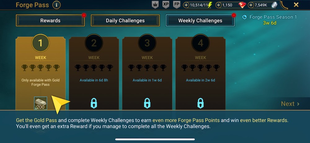 The Weekly challenges are only available to players who have purchased Gold Pass for RAID: Shadow Legends' Forge Pass.
