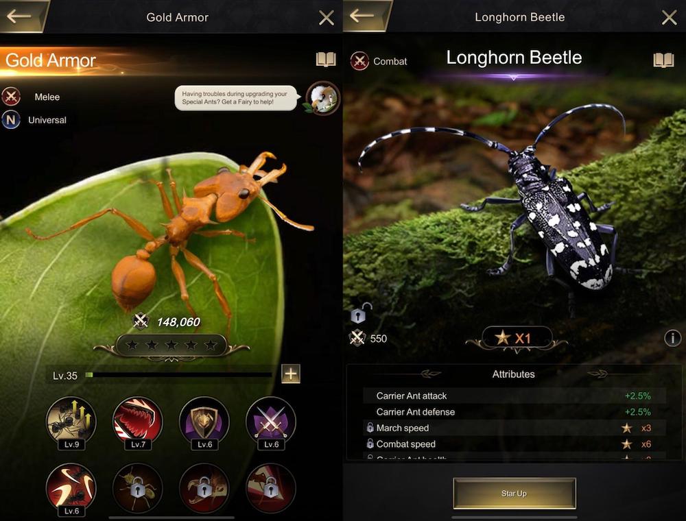 Ants and Insects can be upgraded in various ways. High-quality images and species descriptions of the creatures are a fun touch.