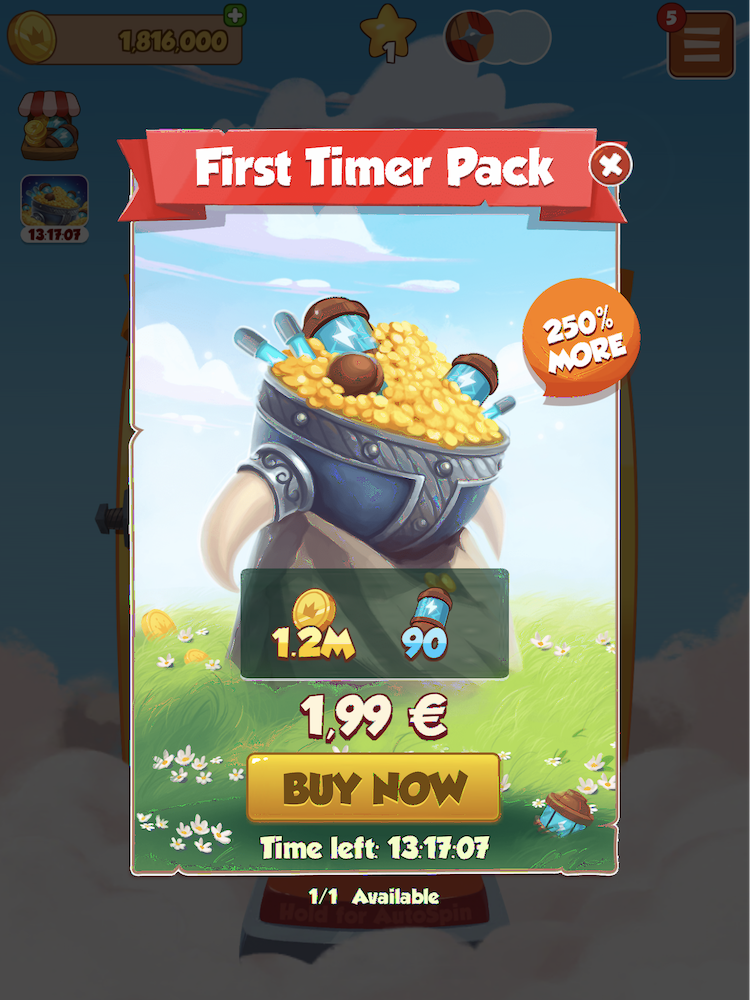 Coin Master: First Timer Pack, which contains energy and coins