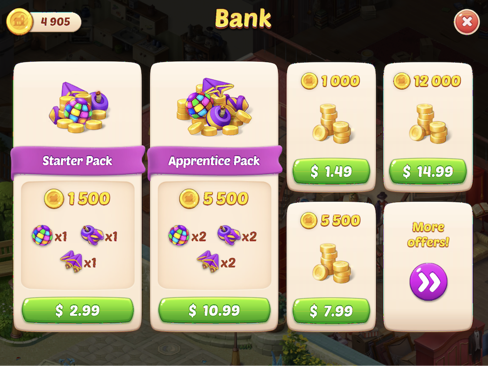 Homescapes: Starter Pack and Apprentice Pack with small sets of boosters and soft currency