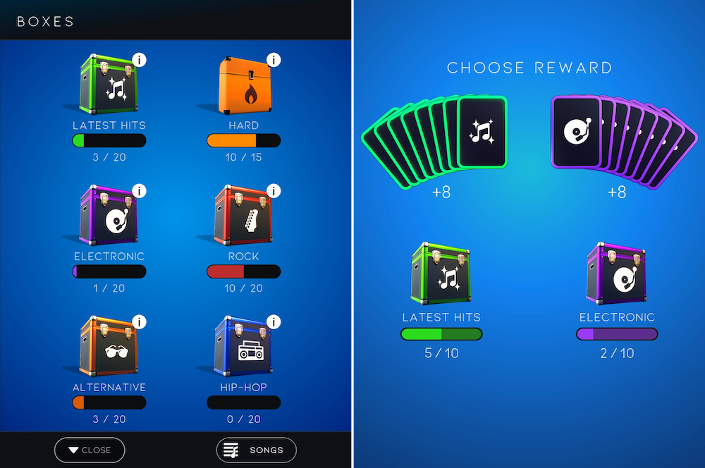 Filling out song boxes by collecting cards is the main way to get songs for free. Players sometimes have limited choices when choosing which boxes to fill with cards.