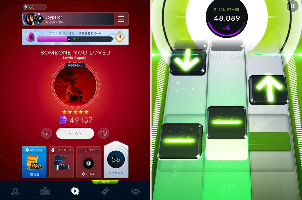 No unnecessary bells and whistles: color-coded songs and vivid visualizations keep the experience neat and fresh. Also, on the left, Beatstar's song case unlock system can be seen at the bottom.
