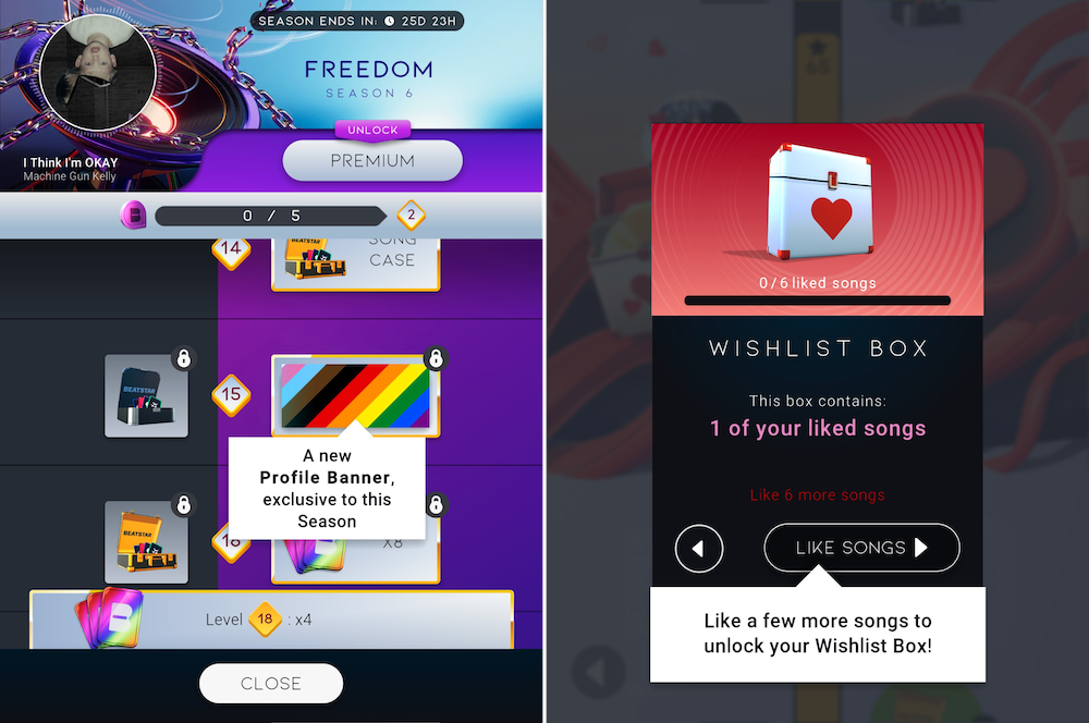 Monthly Tour Passes are usually themed around a seasonal event: for June, the theme is freedom. On the right, another noteworthy specialty from Beatstar's monetization, the Wishlist Box.