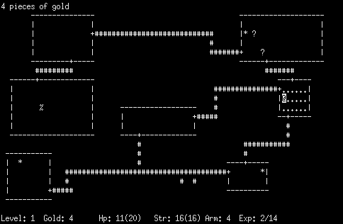 The beautiful ASCII graphics of the original Rogue game. (source: Wikipedia)
