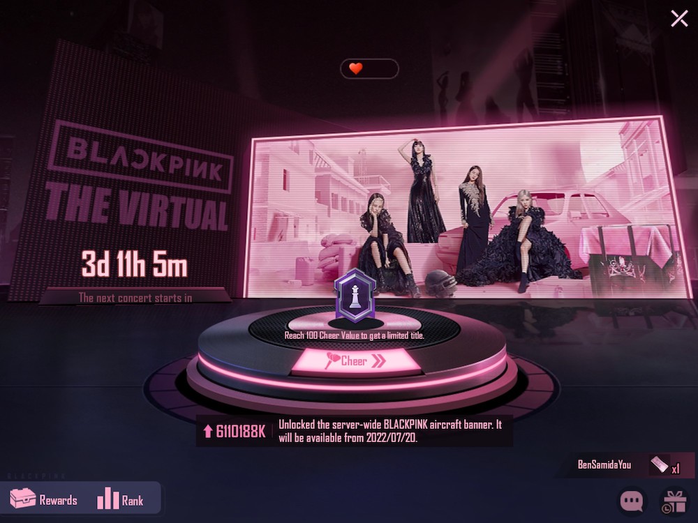 Before the concerts and in between, PUBG Mobile presented players with Cheer Event, a monetized side event where players could show their love to the queens of K-pop by splurging money on the IAP Cheer items to get points and a limited title.