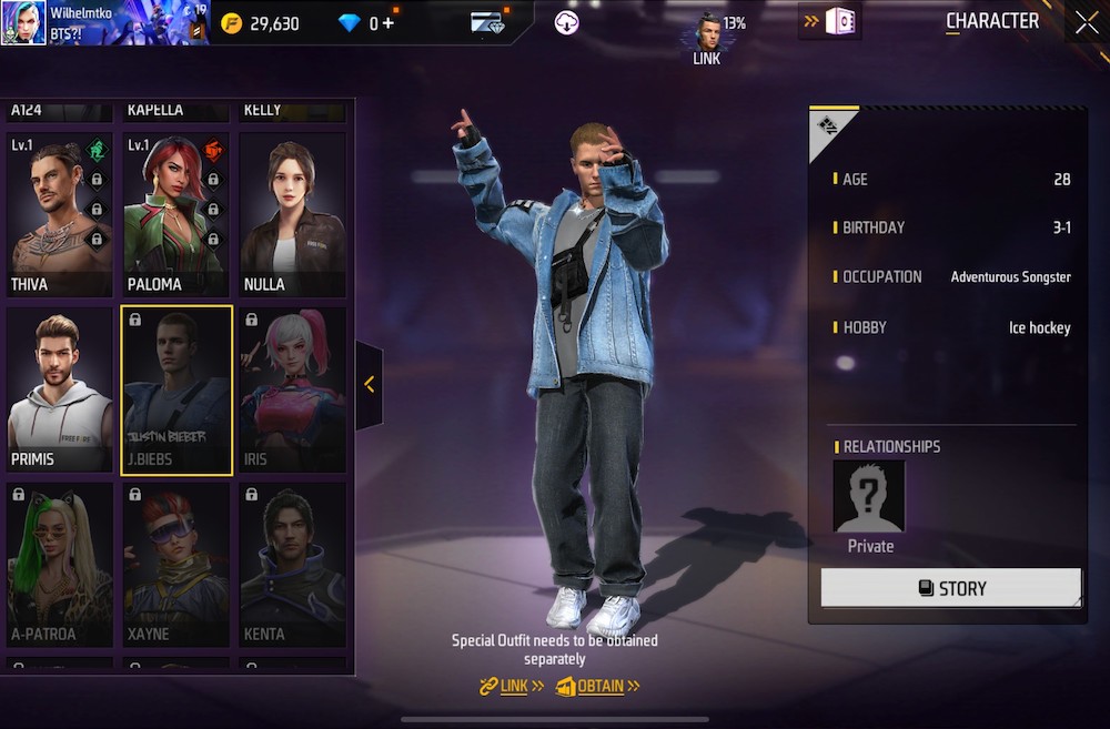 Garena's collaboration with Justin Bieber included daily and limited-time event missions to complete, granting progress to an event reward threshold bar with progressive rewards, the main reward being the new Justin Bieber collaboration character "J.Biebs."