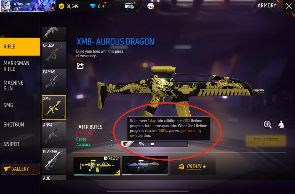 Garena Free Fire's Weapon Skins Lifetime Progress system is a new additional way to unlock weapon skins.

