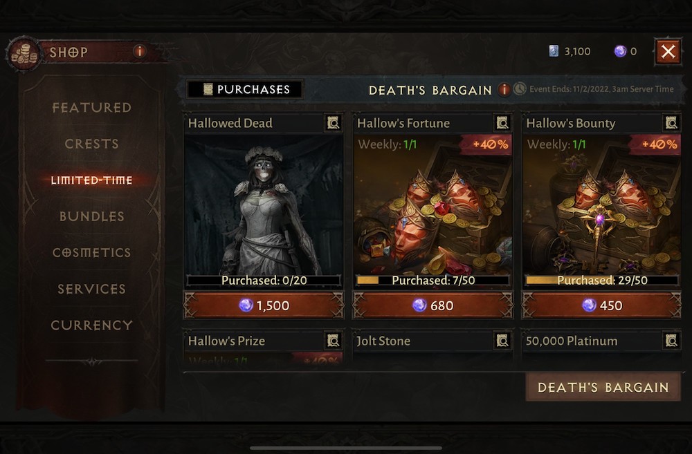 Diablo Immortal's Halloween event, Hallow's Wake, introduced a 'Death's Bargain' limited-time offer menu with a progression bar for limited-time items.