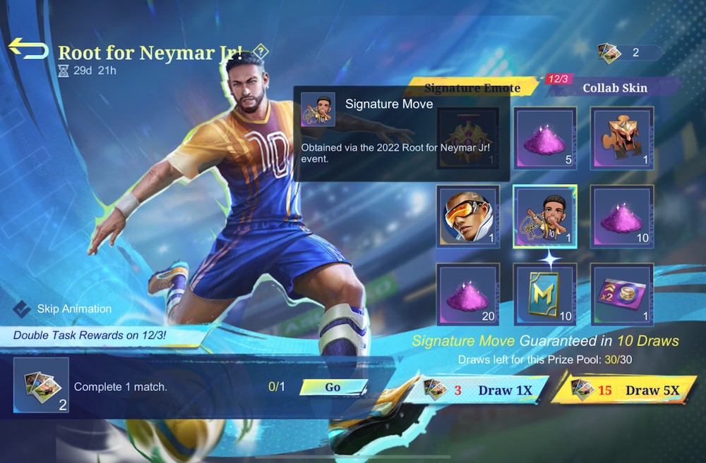 Root for Neymar Jr. limited-time gacha had two different prize pools, one containing Signature Emote as a prize.