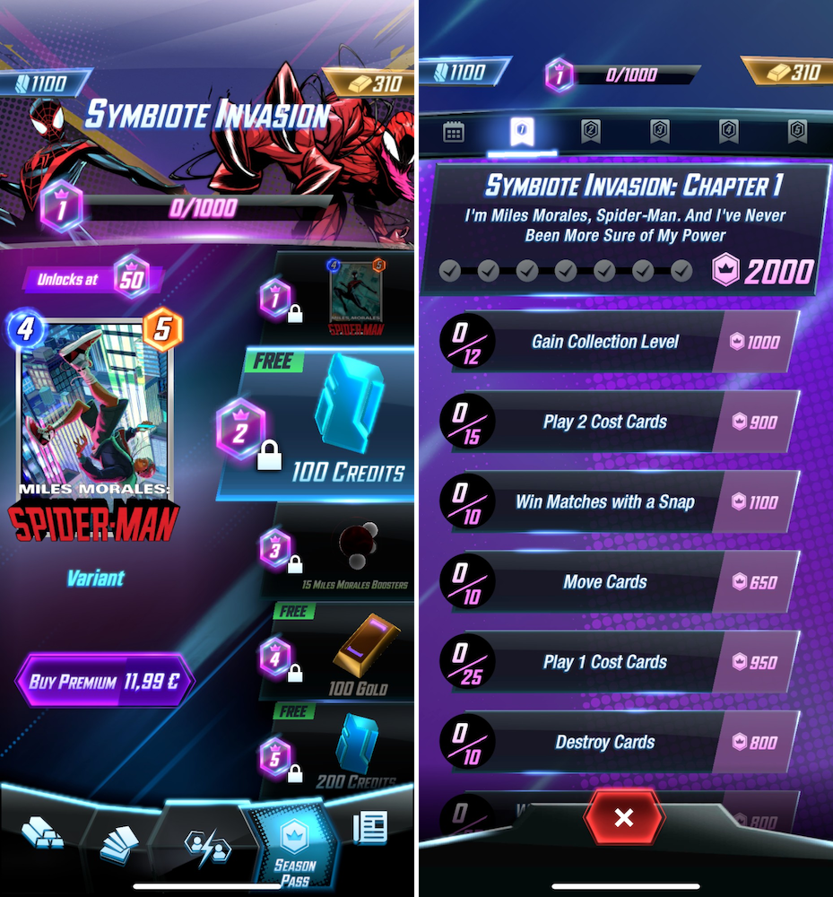 Each Marvel Snap's battle pass season has a reward track on which you'll advance by completing Season Missions and Daily Mission. Season Missions form "Chapters" (=sets of missions) and these Chapters are unlocked gradually over time as the season progresses. Completing all missions in a Chapter gives you extra season points, speeding up your progression on the reward track.