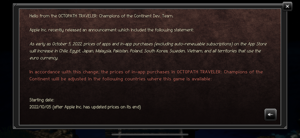 Octopath Traveller Champions of the Continent IAP increase
