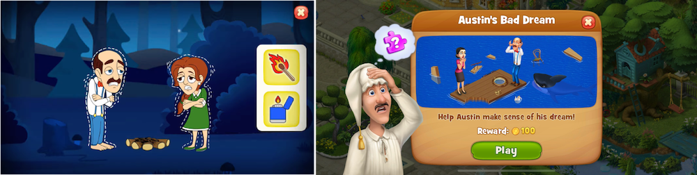 Gardenscapes' minigame in ad creative and inside the game