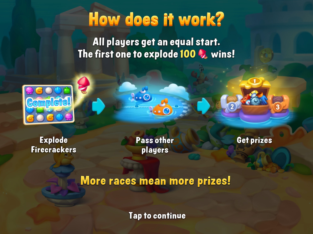 The Bathyscaphe Race in Fishdom tasks players with activating firecracker boosters in Match3 gameplay; the first player to activate 100 firecrackers wins the race. 
