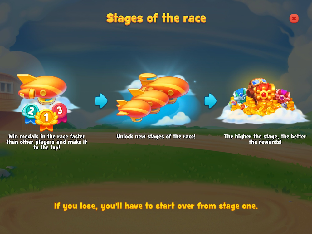 The Airship Race in Gardenscapes has its own points system for the race event in the form of event medals: players must gather a set amount by beating match3 levels in order to win the race. The Airship Race also utilizes the phase system with increasingly better rewards. 