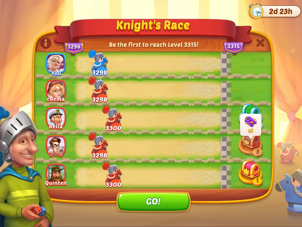 Knight’s Race in Homescapes matches players into a group where everyone is on the same level in their main progression, and sets them to race to a designated level.
