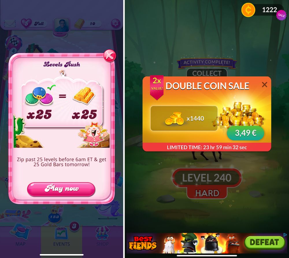 Examples of random offers in Wordscapes, Candy Crush Saga and Evermerge
