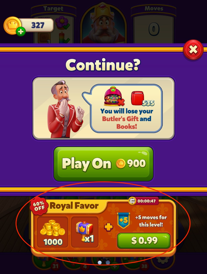 Royal Match’s fail-triggered IAP offers combine a low-price point with limited-time exclusivity.
