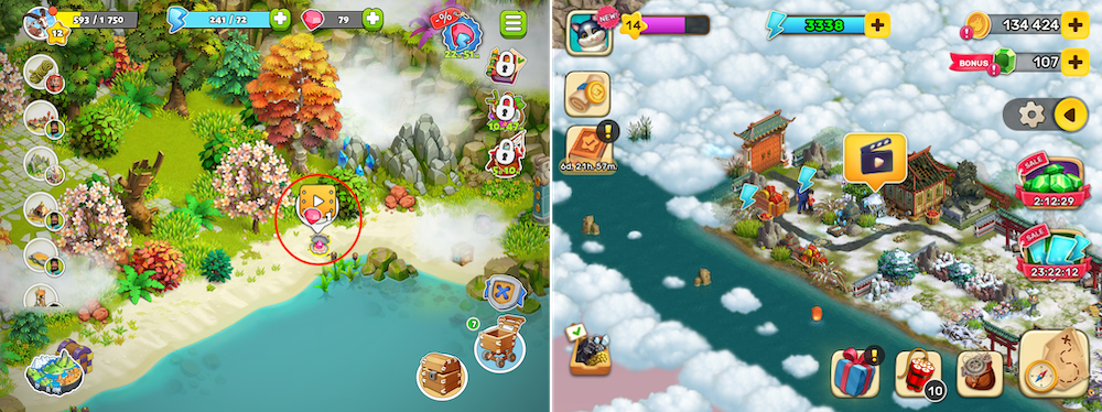 Family Island and Klondike Adventures use randomly appearing incentivized ad prompts.
